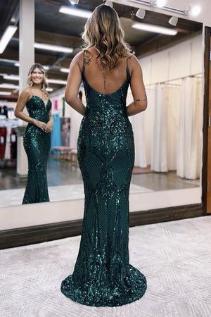 Glitter Sequin Dark Green Mermaid Spaghetti Straps Long Prom Dress