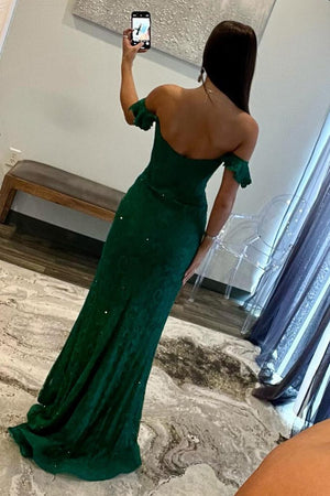 Dark Green Sequin Off The Shoulder Mermaid Sweep Train Prom Dress