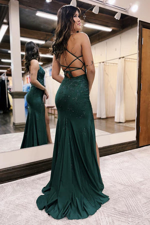 Beaded Dark Green Mermaid Spaghetti Straps Long Prom Dress With Slit
