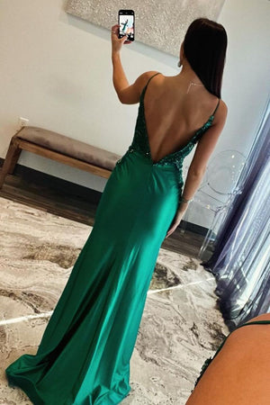 Satin Dark Green Spaghetti Straps Mermaid Open Back Prom Dress With Beading