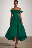 Off The Shoulder A Line Black Satin Midi Formal Dress