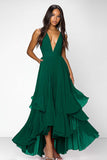 Red Deep V Neck Ruched Ruffles A Line Long Formal Dress