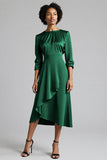Plum Ruffled Satin A Line Midi Wedding Guest Dress
