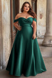 Plus Size Dark Green Off The Shoulder Satin A Line Formal Dress