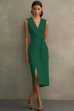 White Satin V-Neck Midi Formal Dress with Belt