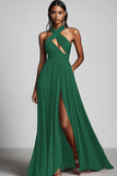 Dark Green Halter Keyhole A Line Formal Dress With Slit