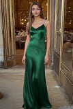 Spaghetti Straps Satin Black Sheath Long Formal Dress