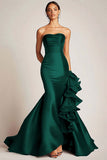 Strapless Mermaid Satin Black Tie Dress With Ruffles