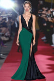 Mermaid Black White Deep V Neck Long Gala Dress