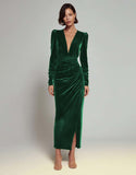 Olive Ruched Sheath Long Sleeve Velvet Formal Dress with Slit