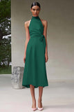 Pink A Line High Neck Ruched Tea Length Satin Formal Dress