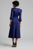 Plum Ruffled Satin A Line Midi Wedding Guest Dress