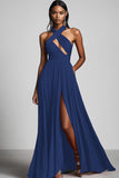 Dark Green Halter Keyhole A Line Formal Dress With Slit