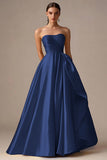 Yellow Strapless Satin A Line Long Formal Dress