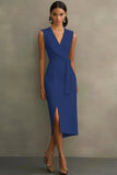 White Satin V-Neck Midi Formal Dress with Belt