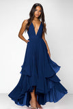 Red Deep V Neck Ruched Ruffles A Line Long Formal Dress