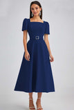 A Line Sky Blue Square Neck Midi Wedding Guest Dress with Belt