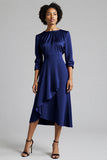 Plum Ruffled Satin A Line Midi Wedding Guest Dress