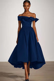 Off The Shoulder A Line Black Satin Midi Formal Dress