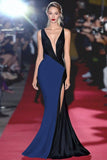Mermaid Black White Deep V Neck Long Gala Dress