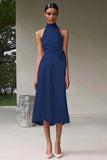 Pink A Line High Neck Ruched Tea Length Satin Formal Dress