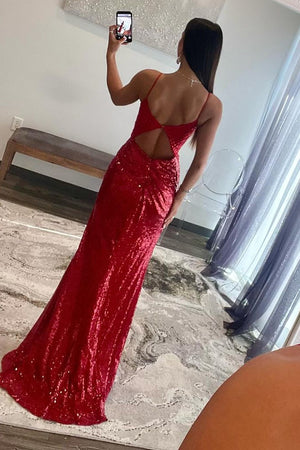 Sparkly Red Sequin Mermaid Spaghetti Straps Keyhole Back Long Prom Dress