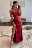 Sparkly Red Sequin Mermaid Spaghetti Straps Keyhole Back Long Prom Dress