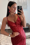 Sparkly Red Sequin Mermaid Spaghetti Straps Keyhole Back Long Prom Dress