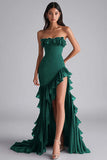 Black Mermaid Strapless Ruffled Long Formal Dress With Slit