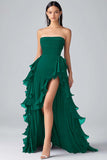 Black A Line Ruffles Chiffon Tiered Strapless Long Formal Dress with Slit