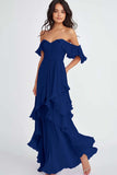 Ruffled Pleated Lilac Off the Shoulder A Line Long Formal Dress