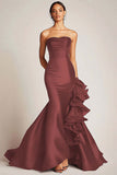 Strapless Mermaid Satin Black Tie Dress With Ruffles
