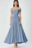 Off the Shoulder Sky Blue A Line Ruched Chiffon Prom Dress