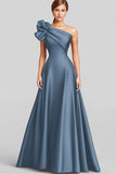 Navy A-Line Ruffled One Shoulder Satin Long Prom Dress
