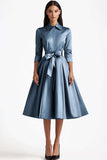 Blue A Line Flared Front Button Closures Mid Length Prom Dress with Long Sleeves