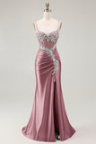 Grey Pink Spaghetti Straps Mermaid Long Prom Dress with Beading