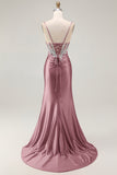 Grey Pink Spaghetti Straps Mermaid Long Prom Dress with Beading