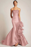 Strapless Mermaid Satin Black Tie Dress With Ruffles
