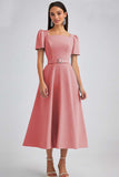 A Line Sky Blue Square Neck Midi Wedding Guest Dress with Belt