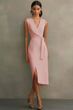 White Satin V-Neck Midi Formal Dress with Belt