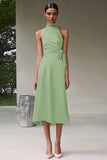 Pink A Line High Neck Ruched Tea Length Satin Formal Dress
