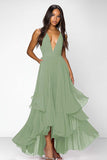Red Deep V Neck Ruched Ruffles A Line Long Formal Dress