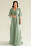 Agave Chiffon Pleated Flare Sleeves V Neck Mother of The Bride Dress