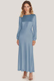 Ivory Satin Scoop Neck A Line Formal Dress with Long Sleeves