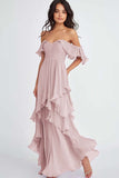 Ruffled Pleated Lilac Off the Shoulder A Line Long Formal Dress