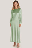 Ivory Satin Scoop Neck A Line Formal Dress with Long Sleeves