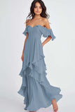 Ruffled Pleated Lilac Off the Shoulder A Line Long Formal Dress