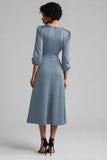 Plum Ruffled Satin A Line Midi Wedding Guest Dress