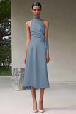 Pink A Line High Neck Ruched Tea Length Satin Formal Dress