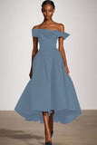 Off The Shoulder A Line Black Satin Midi Formal Dress
